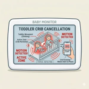 A safety demonstration of a baby monitor with sound alerts vs motion alerts detecting a toddler attempting to climb out of bed.