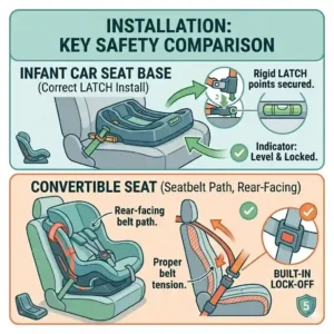 A diagram comparing correct LATCH base installation to a standard vehicle seatbelt installation for infant car seat vs convertible which is safer.