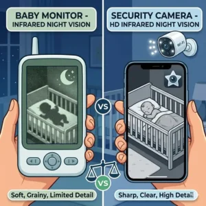 Infrared night vision clarity comparison between a baby monitor vs security camera for nursery.