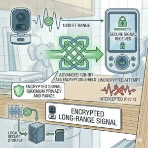 Detailed infographic showcasing the encrypted long-range signal of a safest baby monitor no hacking risk.