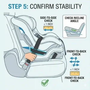A parent pressing down on the car seat base while tightening straps, a crucial movement for how to install car seat rear facing correctly.