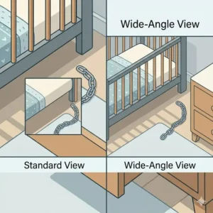 A graphic guide comparing standard views versus the wide-angle view of the best baby monitor for apartment small space.