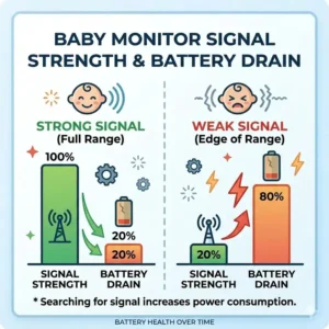An illustration from the baby monitor battery life comparison guide showing how long-range signal searching can increase battery consumption in portable parent units.