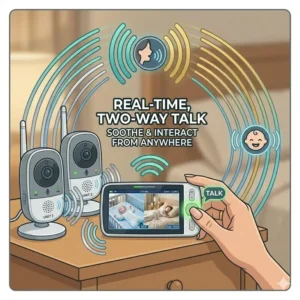 Vector illustration of a parent using the two-way talk audio feature on the best baby monitor with two cameras system to soothe a crying baby.