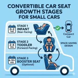 Growth stages infographic for the best convertible car seat for small cars.