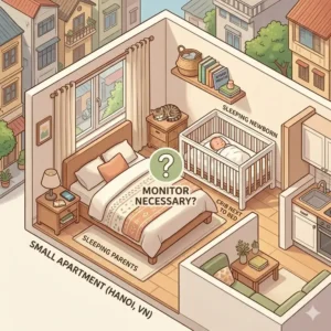 Illustration 8: A top-down architectural layout of a small city apartment where parents sleep right next to the crib, highlighting situations regarding do you need a baby monitor for newborn in close quarters.