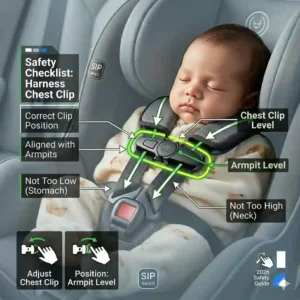 Visual checklist for correct harness chest clip positioning on the best car seat for newborn safety 2026.
