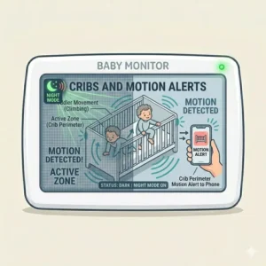 A night vision mode view of a baby monitor with sound alerts vs motion alerts showing active detection zones in a dark nursery.
