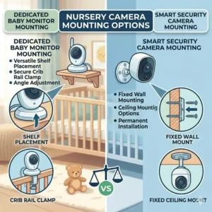 Different wall and shelf mounting options for a baby monitor vs security camera for nursery.