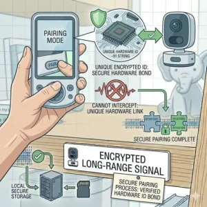A parent securely pairing a safest baby monitor no hacking risk parent unit using an anti-intercept key.