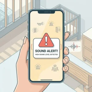 A smartphone displaying a loud noise notification from the best baby monitor for apartment small space in a busy city home.