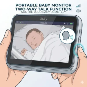 Parent using the two-way audio feature on the best baby monitor for travel portable.