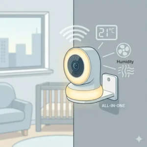An illustration of an all-in-one device with temperature and humidity icons, showing the best baby monitor for apartment small space.