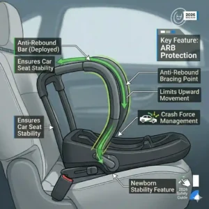 Detailed view of the protective anti-rebound bar mechanism on the best car seat for newborn safety 2026.