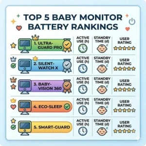 A checklist featured in the baby monitor battery life comparison guide ranking the top five products based on battery life tests and standby time.