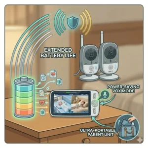 A graphic icon showing the extended battery life, ultra-portable parent unit, and power-saving VOX mode of the best baby monitor with two cameras system.