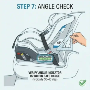 Close-up of a built-in bubble level indicator confirming the correct angle after performing how to install car seat rear facing correctly.