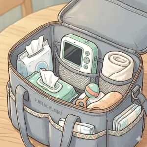 Illustration 7: A compact portable device packed neatly alongside wipes and diapers inside a travel bag, showing options for when do you need a baby monitor for newborn trips.