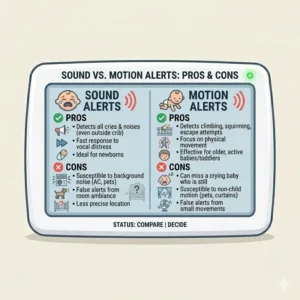 A final pros and cons summary table for a baby monitor with sound alerts vs motion alerts based on parent notification preferences.