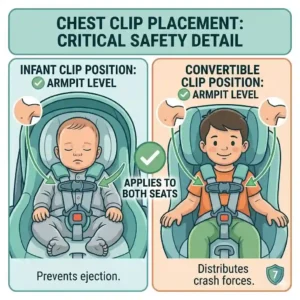 An illustration demonstrating the proper armpit-level chest clip placement for both seat types to ensure safety in infant car seat vs convertible which is safer.