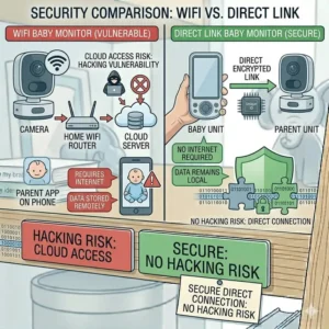 Security chart comparing how a Direct Link safely ensures a safest baby monitor no hacking risk vs. WiFi options.