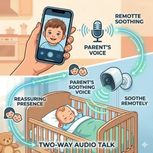 Using two-way talk audio features on a baby monitor vs security camera for nursery to soothe an infant.