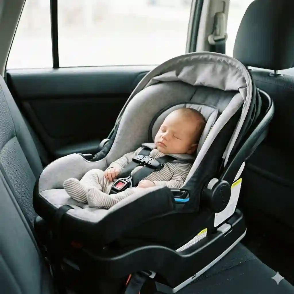 A sleeping newborn securely buckled in a rear-facing car seat to illustrate how long a baby can stay in a car seat safely during travel.how long can baby stay in car seat safely