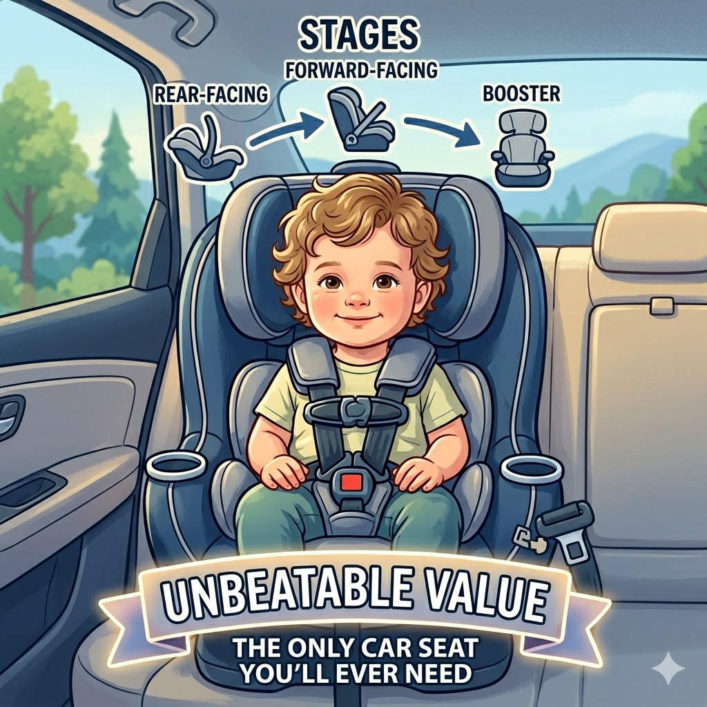 A smiling toddler securely buckled into a top-rated all-in-one car seat installed in a vehicle, demonstrating why it is the best all in one car seat worth it for long-term safety.