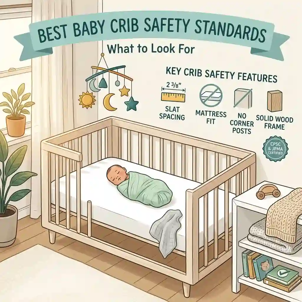A safe and modern baby crib meeting top safety standards in a well-lit nursery, featuring a firm mattress and a tightly fitted sheet with no loose bedding.best baby crib safety standards what to look for