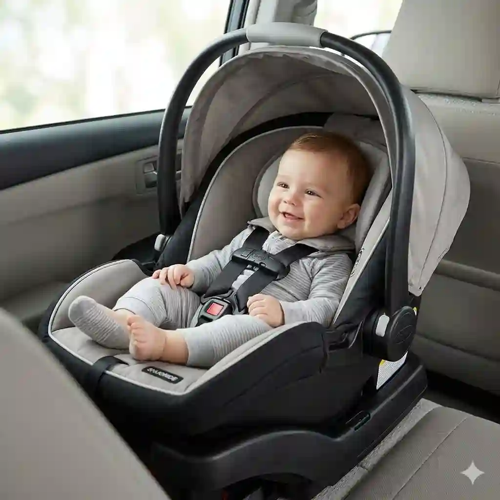 A happy baby sitting securely inside the best budget infant car seat under 200 dollars for vehicle travel.