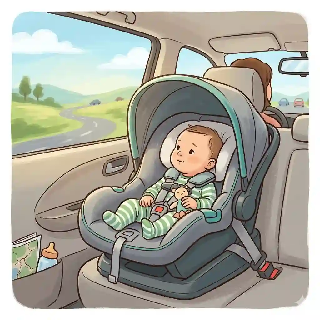 An infant sitting safely in the backseat of a vehicle inside the best car seat for long road trips baby choice.