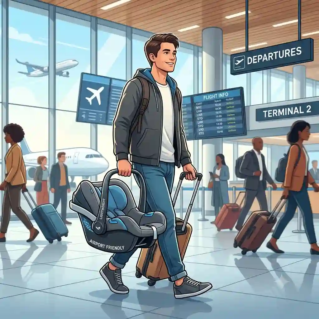 A parent walking through a busy airport terminal carrying the best lightweight car seat for travel.