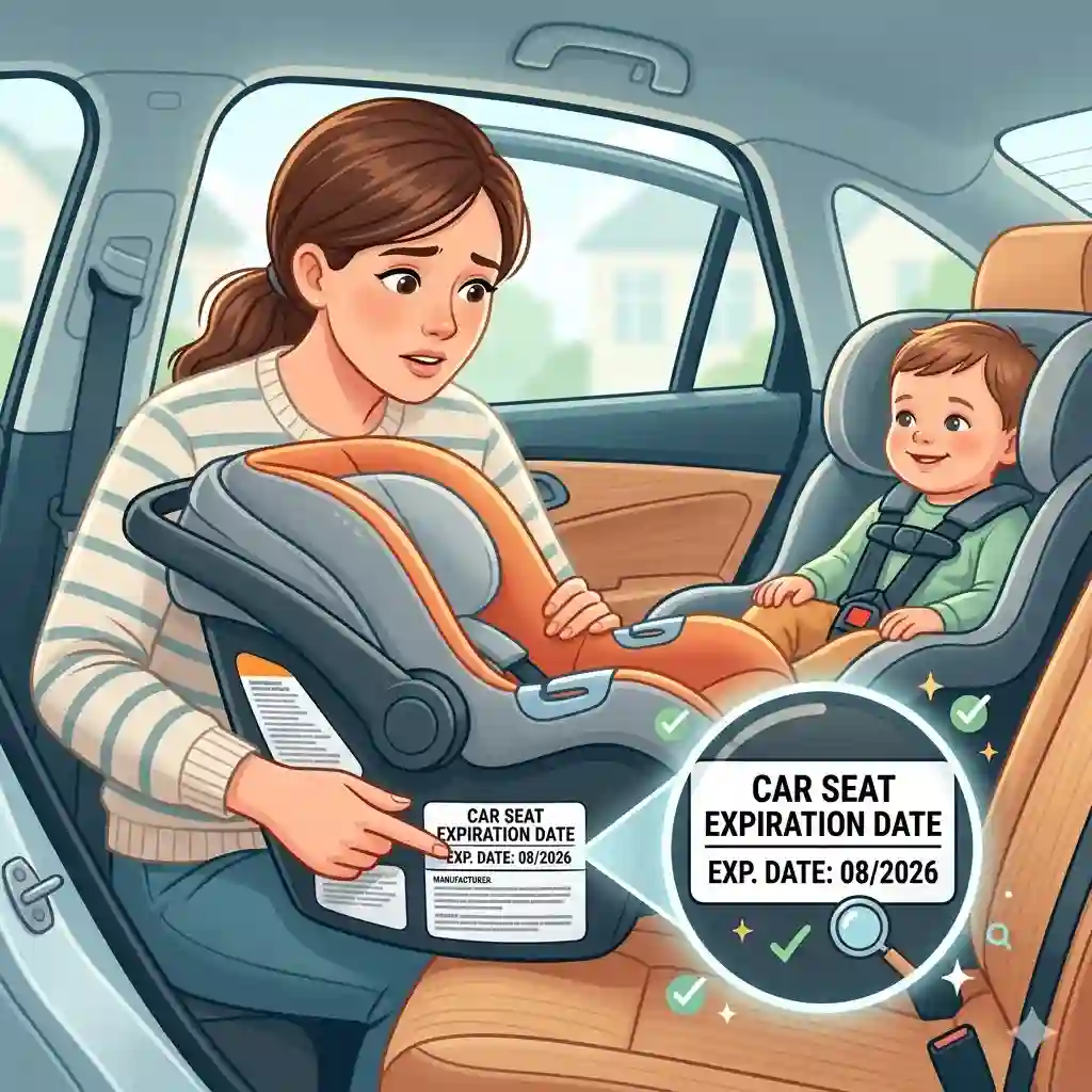 A parent learning about car seat expiration date how to check by inspecting the back of a child safety seat.
