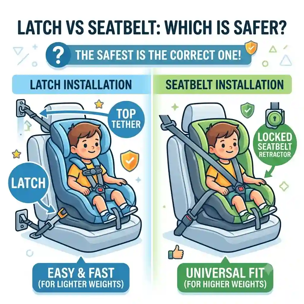 A comprehensive overview illustration for the topic of LATCH vs seatbelt installation which is safer.