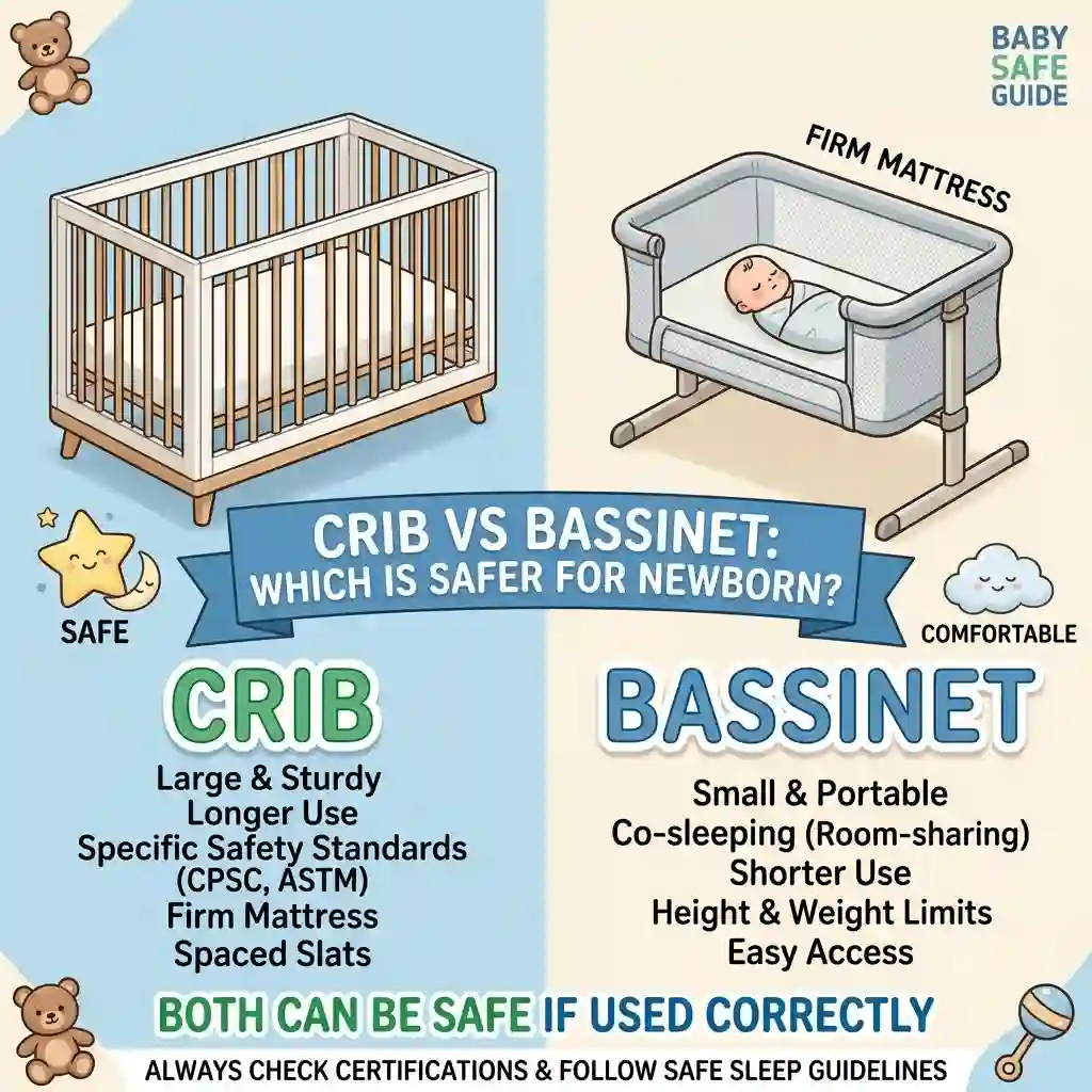 A side-by-side comparison of a crib and a bassinet to determine crib vs bassinet which is safer for newborn.