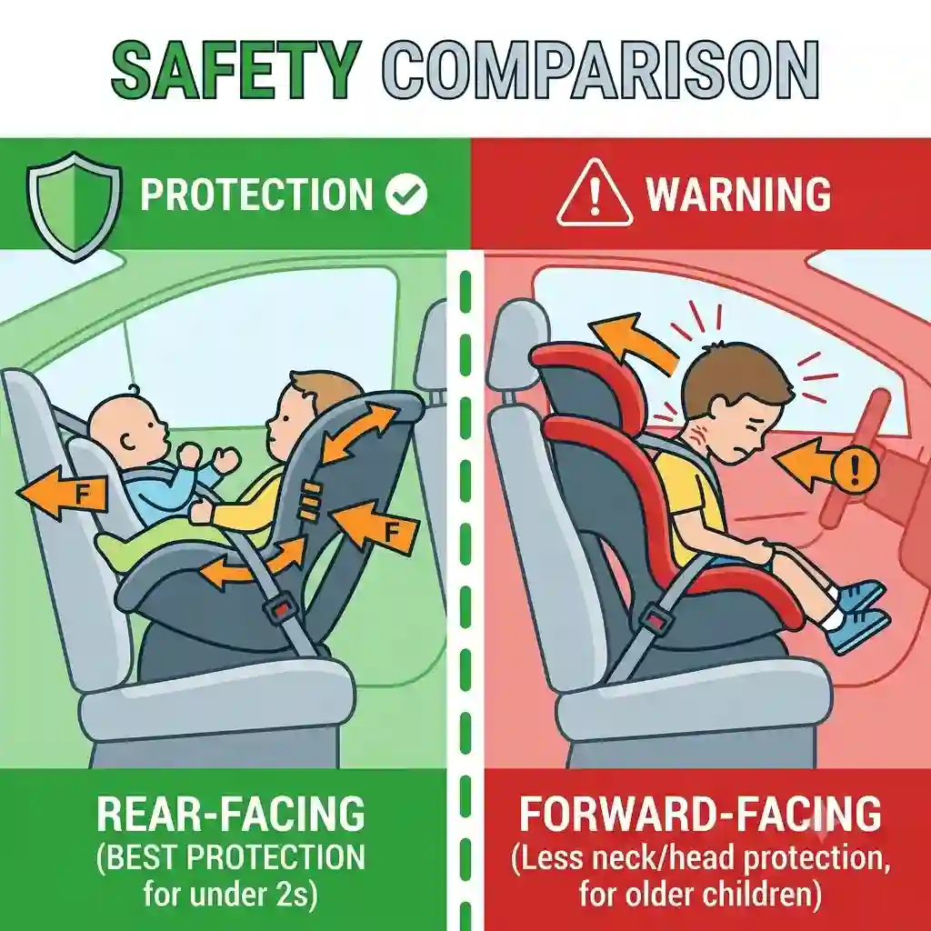 A visual rear facing vs forward facing safety comparison showing a child in a car seat during a crash.
