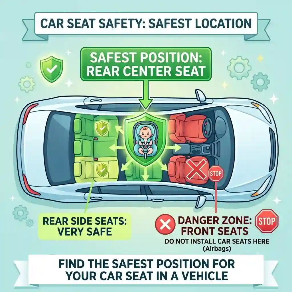 A comprehensive infographic illustrating the rear middle seat as the safest position for car seat in vehicle, marked with a green shield.