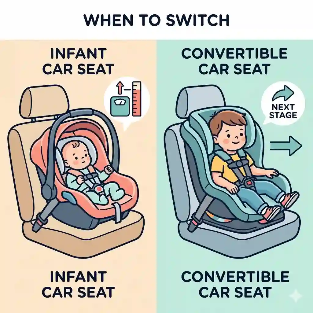 when to switch from infant to convertible car seat is detailed in this side-by-side comparison of a baby in a carrier vs. a toddler in a rear-facing convertible seat.