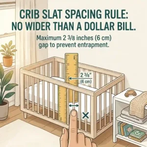 Illustration showing correct baby crib safety standards for slat spacing, measuring no more than 2 and 3/8 inches apart to prevent injury.