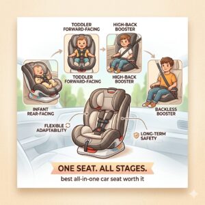 A diagram illustrating the four growth stages from infant to booster, showing how this model functions as the best all in one car seat worth it throughout childhood.