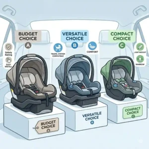 A side by side comparison lineup of three top choices for the best budget infant car seat under 200 options.