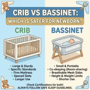 A safety standards comparison chart evaluating the pros and cons of crib vs bassinet which is safer for newborn.