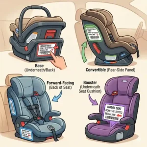 A diagram illustrating where to look for the manufacturer label when researching car seat expiration date how to check.