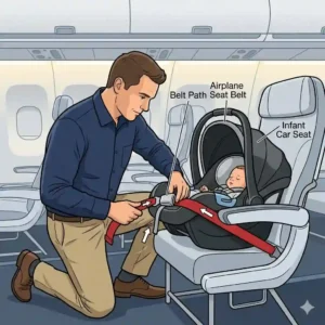 Diagram highlighting the official FAA approval sticker on the best car seat for airplane travel infant.