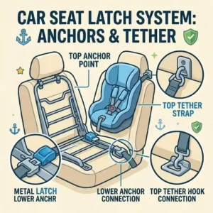 This illustration breaks down the LATCH vs seatbelt installation which is safer debate by showing how the LATCH system works with its anchors and tether.