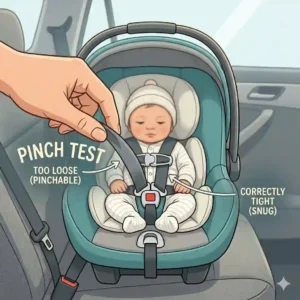 Illustration demonstrating the harness pinch test as part of critical car seat safety tips for newborn parents.