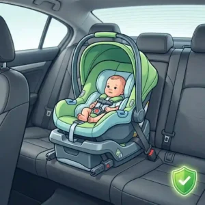 A rear-facing infant carrier properly installed in the center rear seat, which is the safest position for car seat in vehicle.