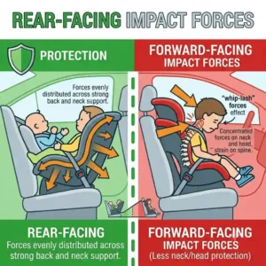A technical rear facing vs forward facing safety comparison illustrating how crash forces are distributed across a child's back.