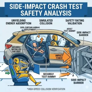 A laboratory simulation showing the safest car seat brands crash test ratings during a side impact.