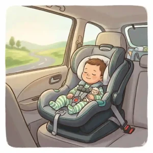 A peaceful baby sleeping soundly during a family drive in the best car seat for long road trips baby.